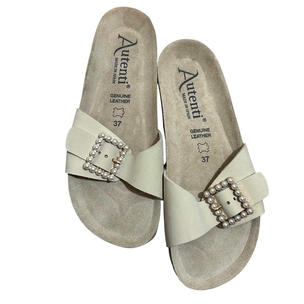 Autenti Made in Spain Cream Leather Pearl Buckle Cork Footbed Slide Sandals 37